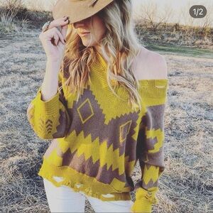 L LOVE Aztec Distressed Sweater Boutique NWT